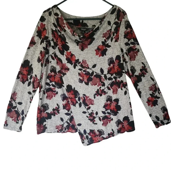 Simply Vera Vera Wang Top Size XL Gray Floral V-Neck Asymmetrical Long Sleeve - Picture 3 of 10